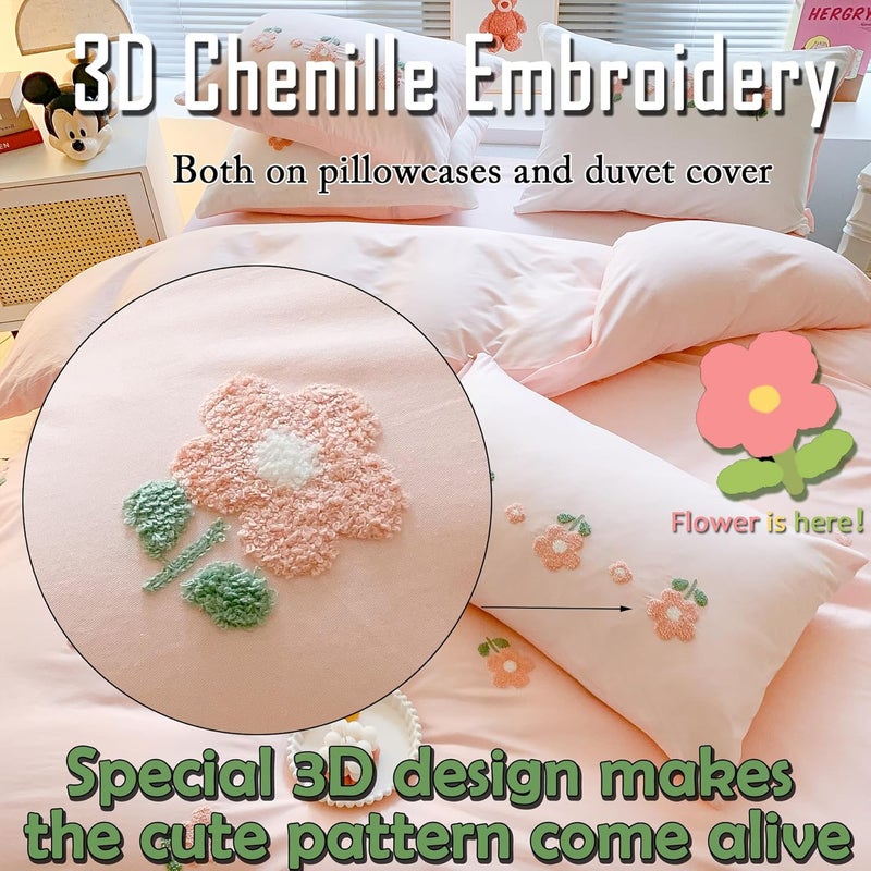 MorroMorn Cotton Duvet Cover Queen Size, 3D Embroidery Queen Bedding Sets Pink Bed Set, Cute Chenille Embroidered Comforter Covers Soft Breathable for Girls Boys Kids Teen (Flowers Pink, Full/Queen) - Image 3